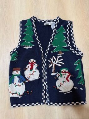 chic Navy Holiday Snowman Cardigan Vest
